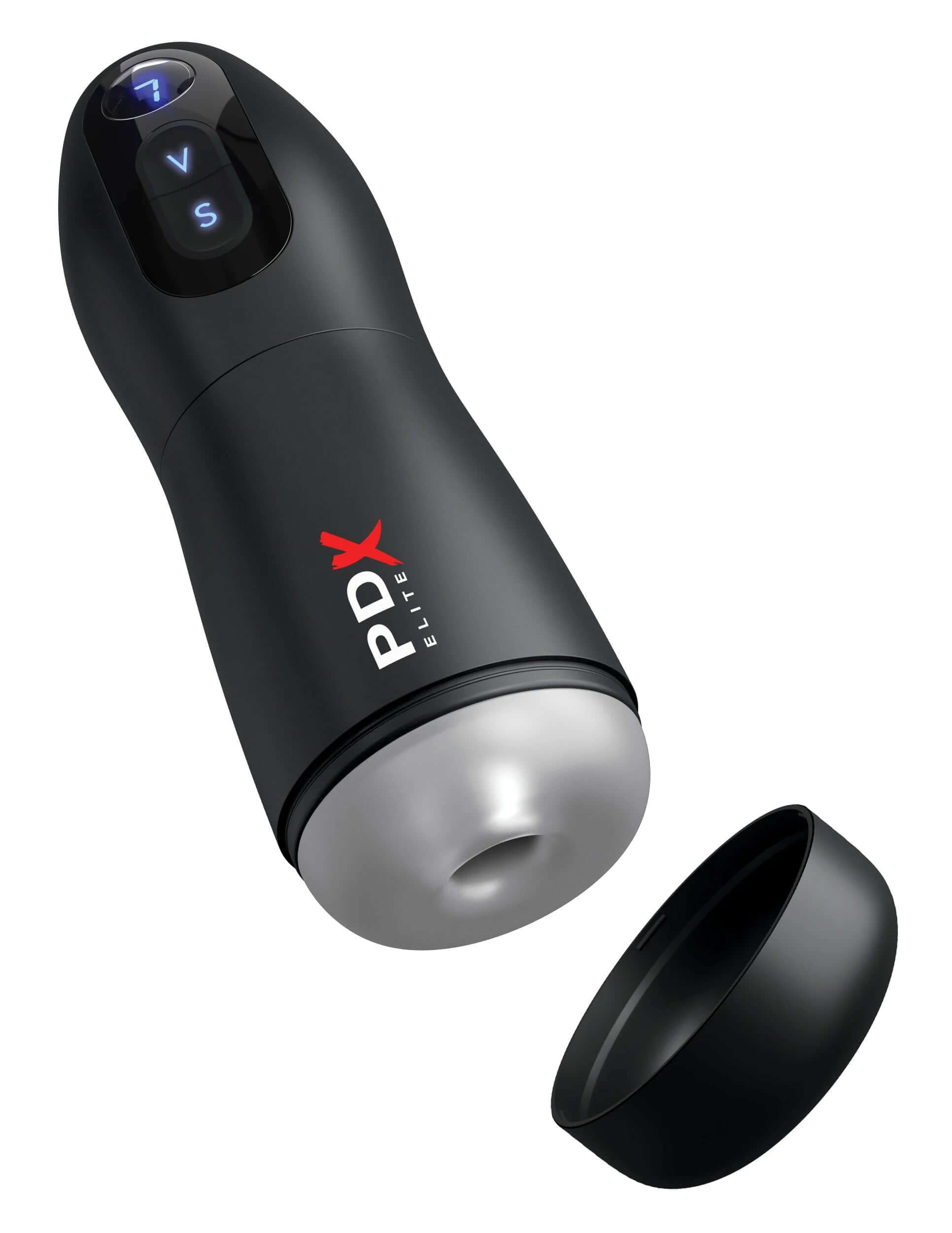 PDX ELITE SUCK-O-MATIC black masturbation device with powerful suction and vibration for ultimate stroker experience.