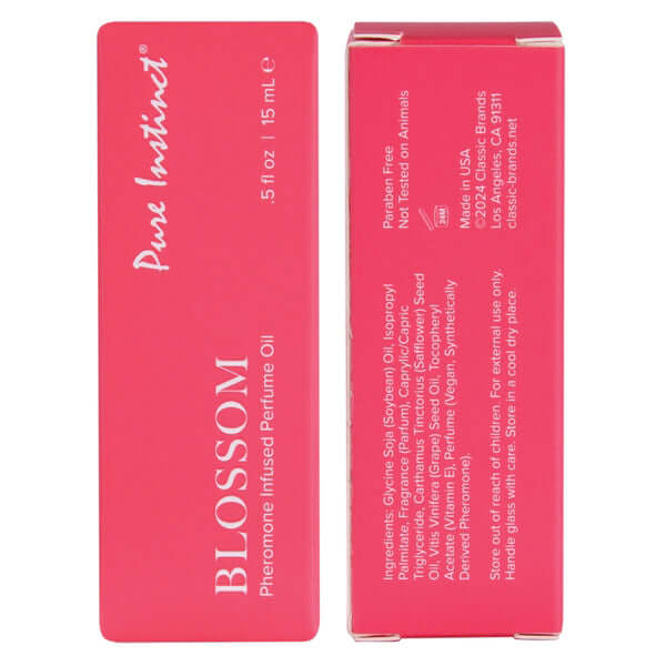 Pure Instinct Pheromone Perfume Oil Dropper Blossom 15 ml packaging with floral design and product details.
