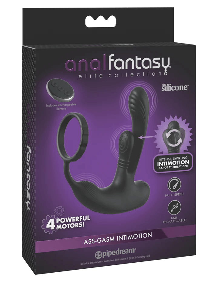 Anal Fantasy Elite Ass Gasm Intimotion Vibrator Black packaging with features and product details displayed.