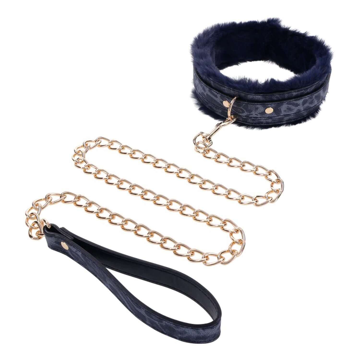 Royal blue faux fur collar with gold leash, perfect for luxurious and playful experiences. Secure and adjustable for comfort.