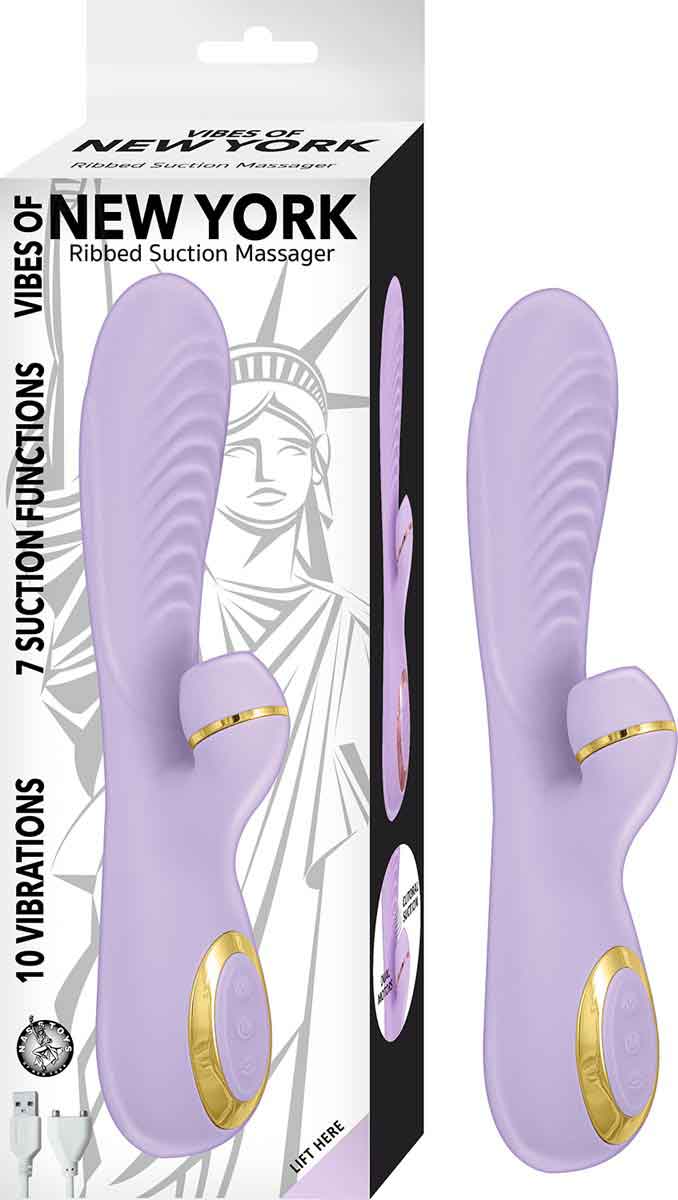 Vibes of New York Ribbed Suction Massager - Lavender with 10 vibrations, 7 suction functions, and dual motors in packaging.