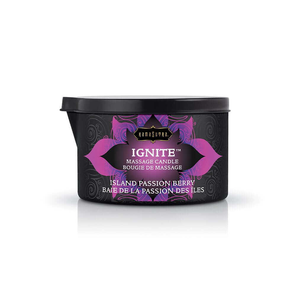 Kama Sutra Ignite Massage Candle Island Passion Berry 6 Oz container with vibrant design, perfect for sensual massages.