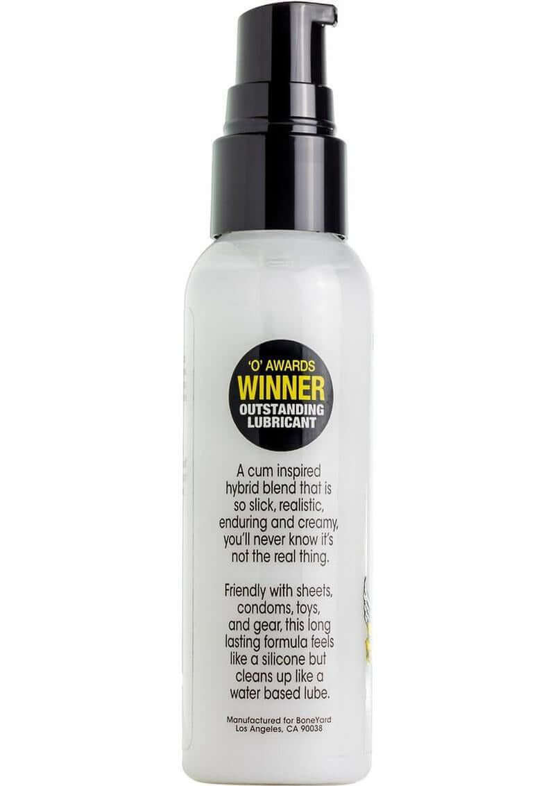 Boneyard Snake Oil Cum Lube Hybrid Blend Lubricant 2 Oz bottle featuring award details and product description.