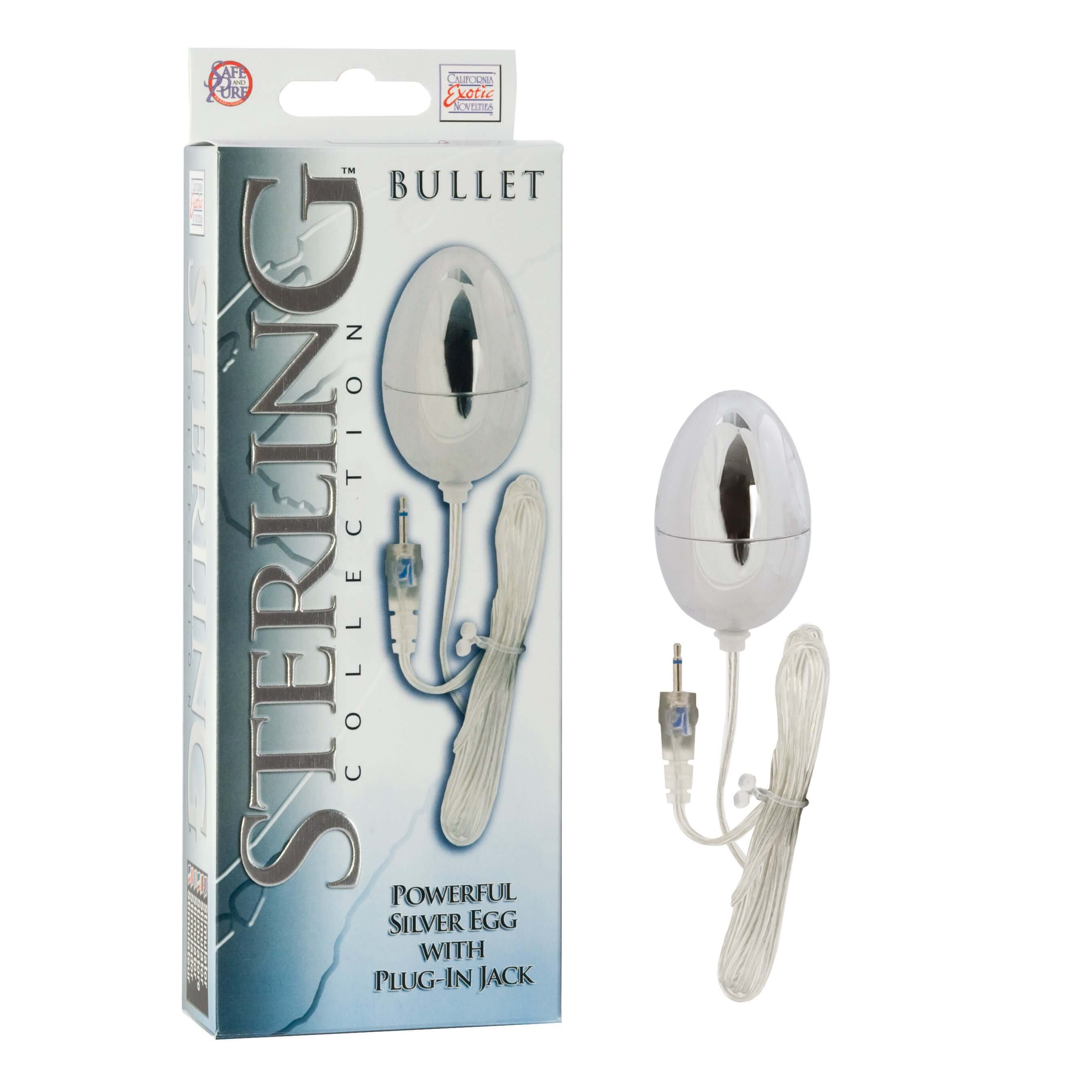 Sterling Collection Silver Egg Vibrator in packaging, featuring a powerful design with plug-in jack for customizable pleasure.