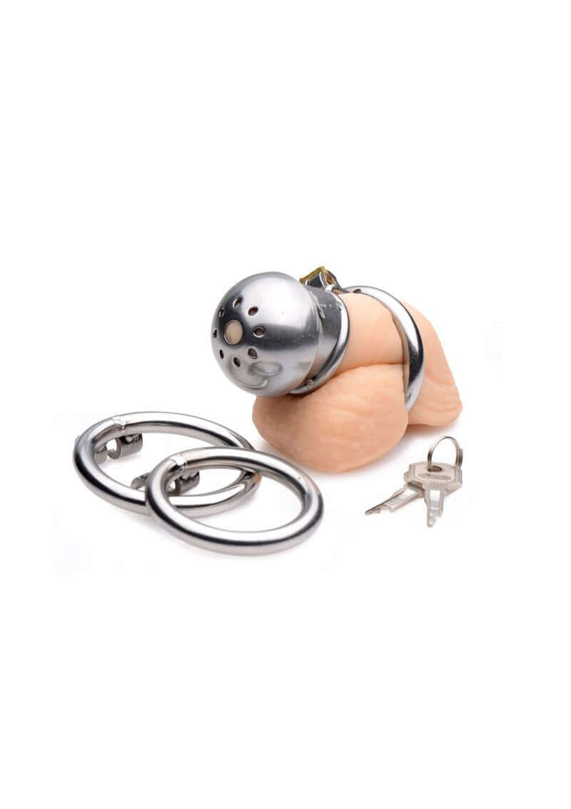 Master Series Exile Deluxe Locking Confinement Cage with stainless steel rings and keys.