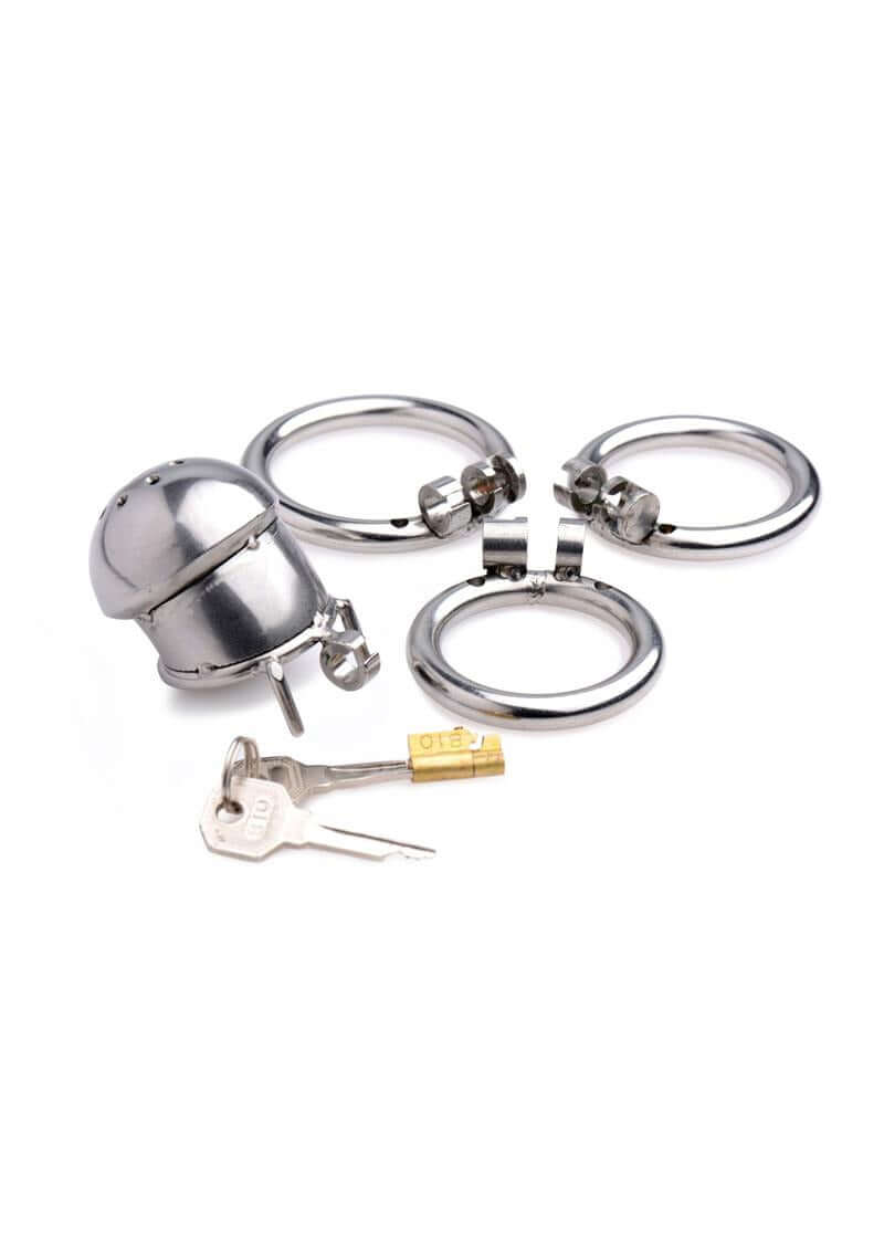 Master Series Exile Deluxe Locking Confinement Cage accessories including rings and key.