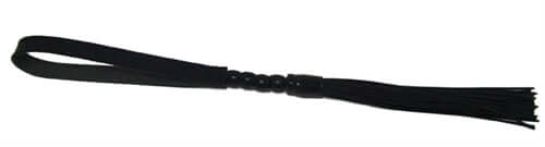 Sex & Mischief Beaded Flogger Black with flexible rubber strands and bead detailing for impact play.