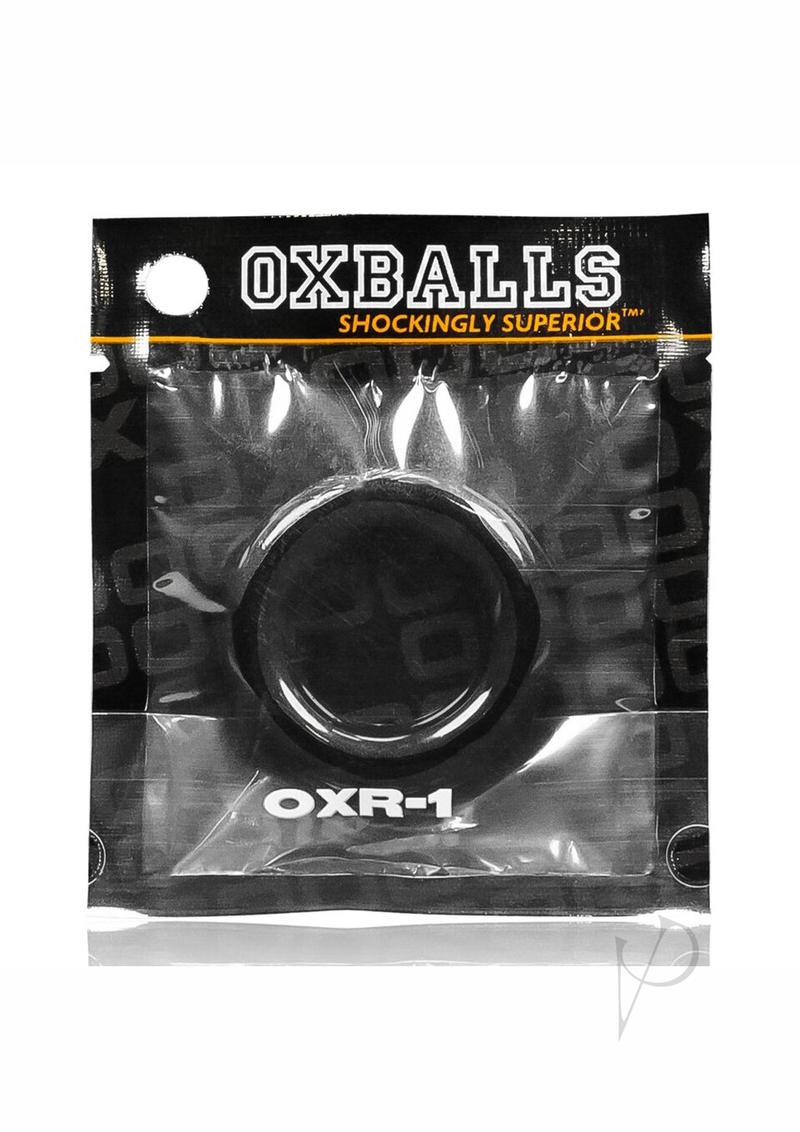 Oxballs OXR-1 Single Cock Ring Black in its packaging, showcasing its sleek design and FLEXtpr material.