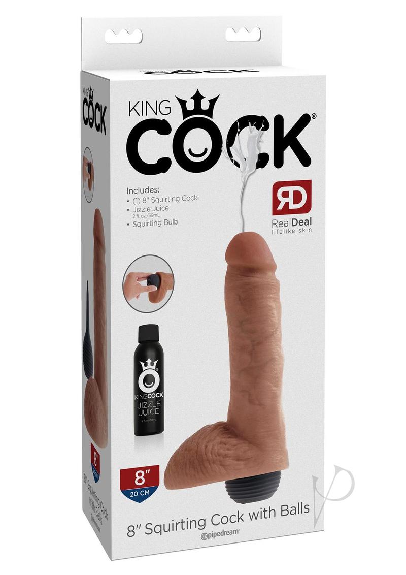 King Cock 8 Inch Squirting Dildo with Balls Caramel packaging showcasing its features and included accessories.