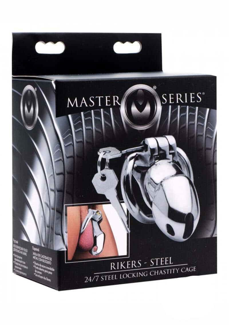 Master Series Rikers 24-7 Stainless Steel Locking Chastity Cage packaging with key and image.