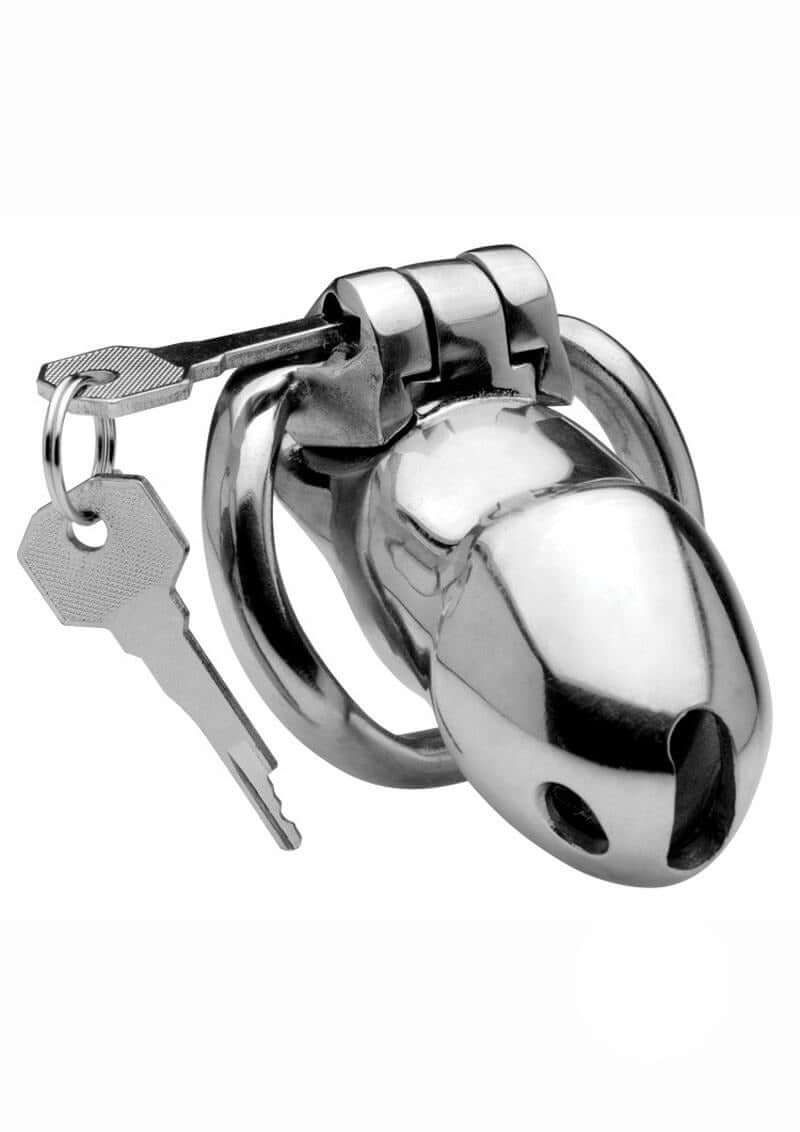 Master Series Rikers 24-7 Stainless Steel Locking Chastity Cage with key for secure confinement.