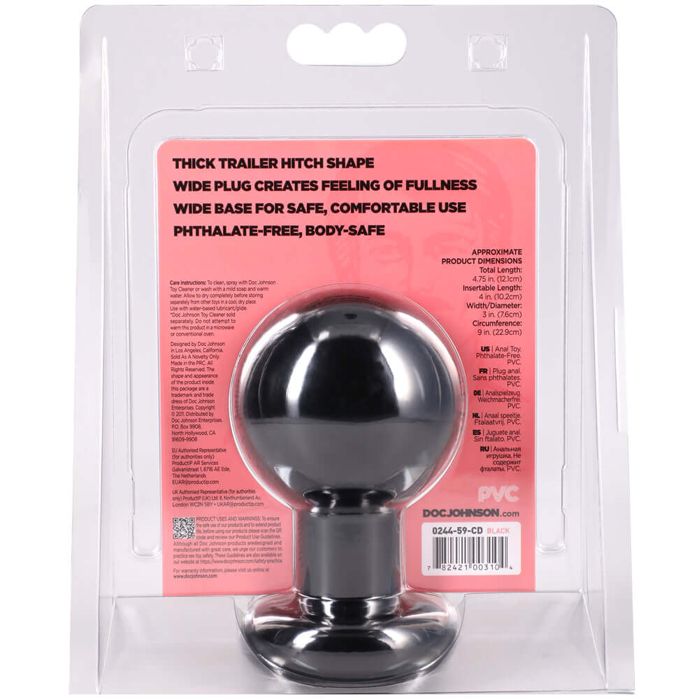 The Classic Round Butt Plug Large Black packaging featuring thick trailer hitch shape and phthalate-free material.