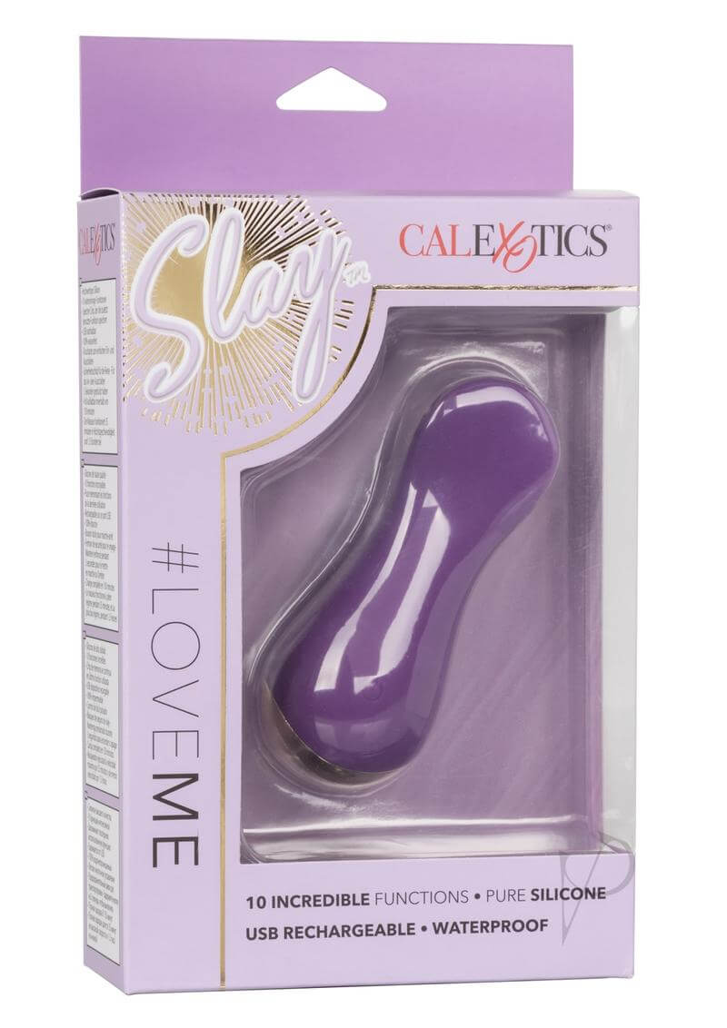 Slay Lover Silicone Rechargeable Massager Purple packaging showcasing 10 functions, waterproof and USB rechargeable.