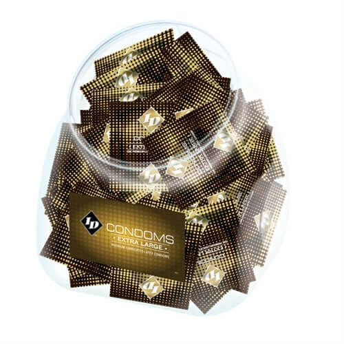 ID Extra Large Condoms Jar 144 Pieces displayed in a clear jar, showcasing premium latex condom packaging.