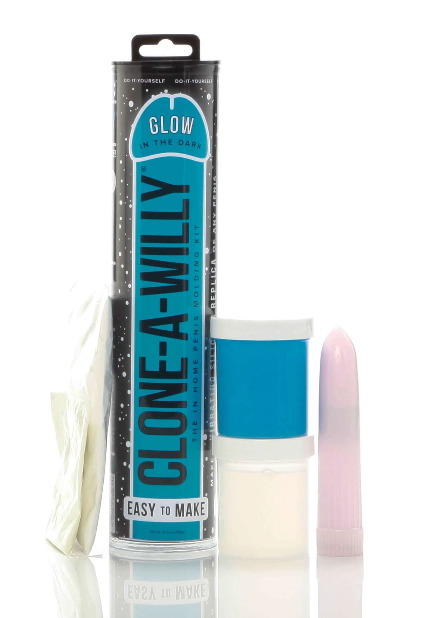 Clone a Willy Glow in the Dark Kit Blue packaging with molding supplies and glowing silicone replica.