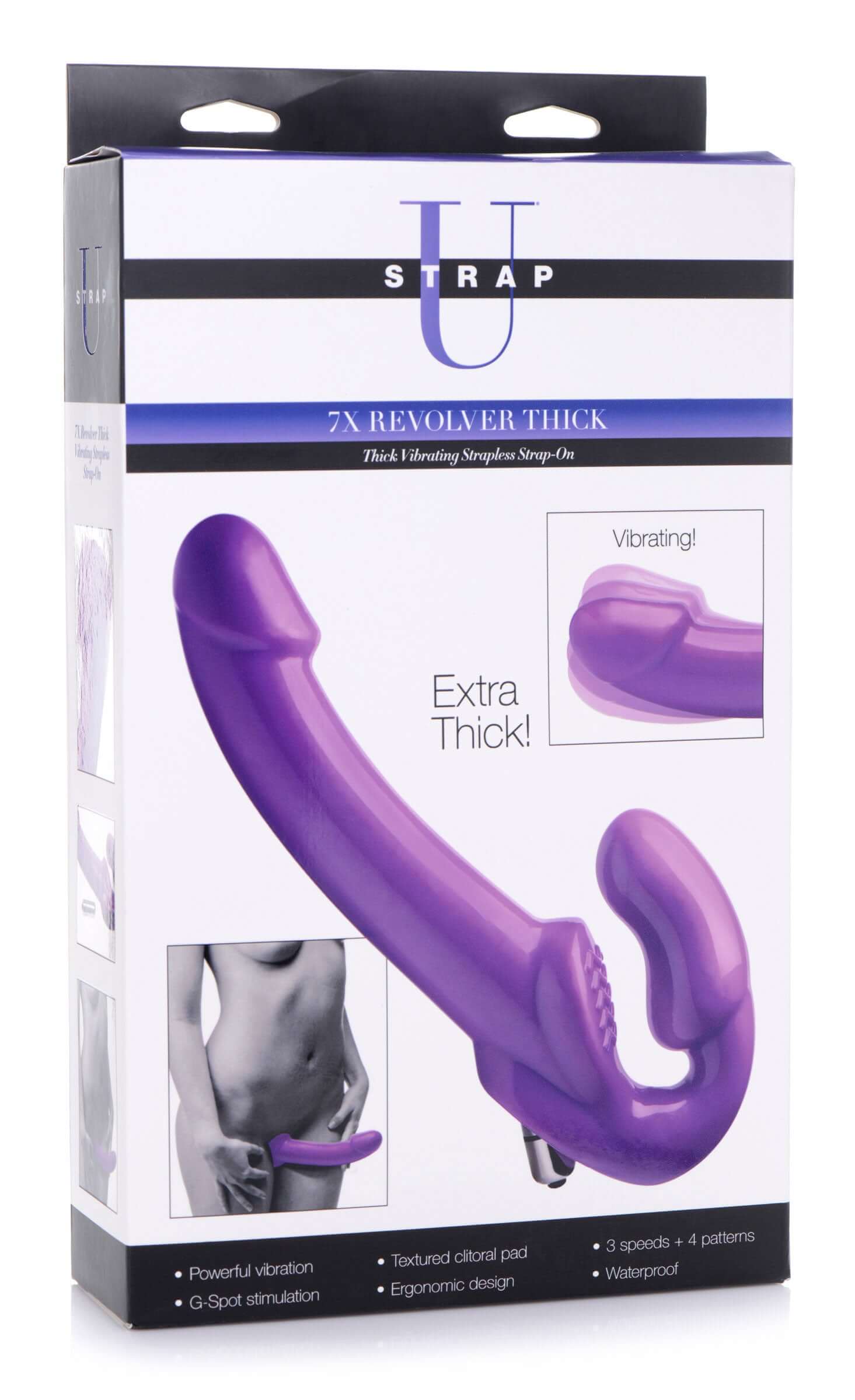 Strap U 7X Revolver Thick Vibrating Strapless Strap-On Dildo Purple packaging showcasing its features and ergonomic design.