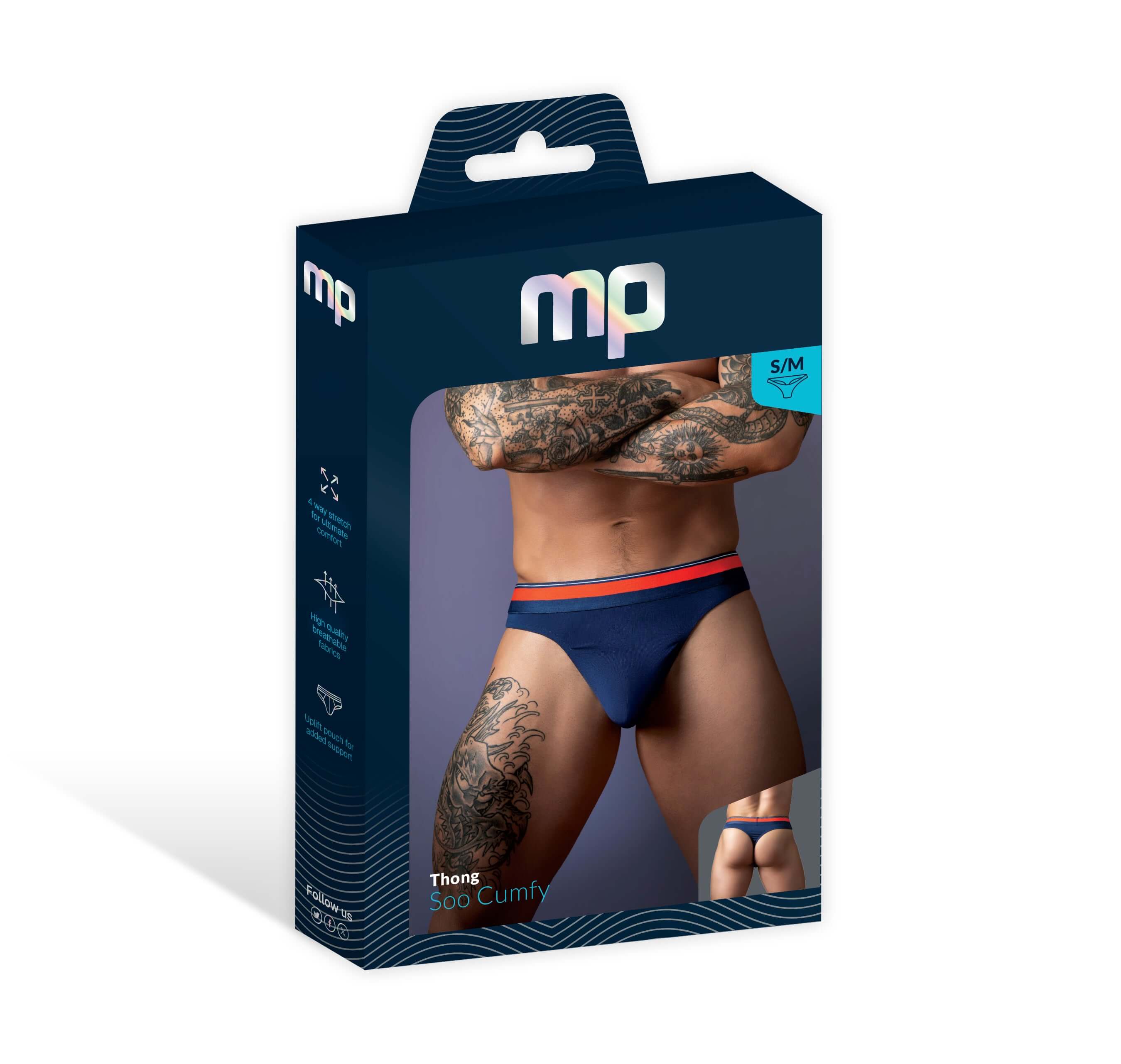 Male Power Soo Cumfy Thong Small Medium Navy packaging showcasing modern design and comfort for men's underwear.