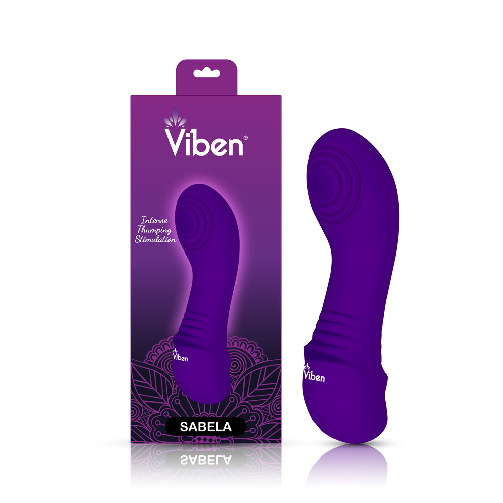 Viben Sebela Mini Thumping G-Spot Vibe Violet in packaging showcasing its sleek design and powerful stimulation features.