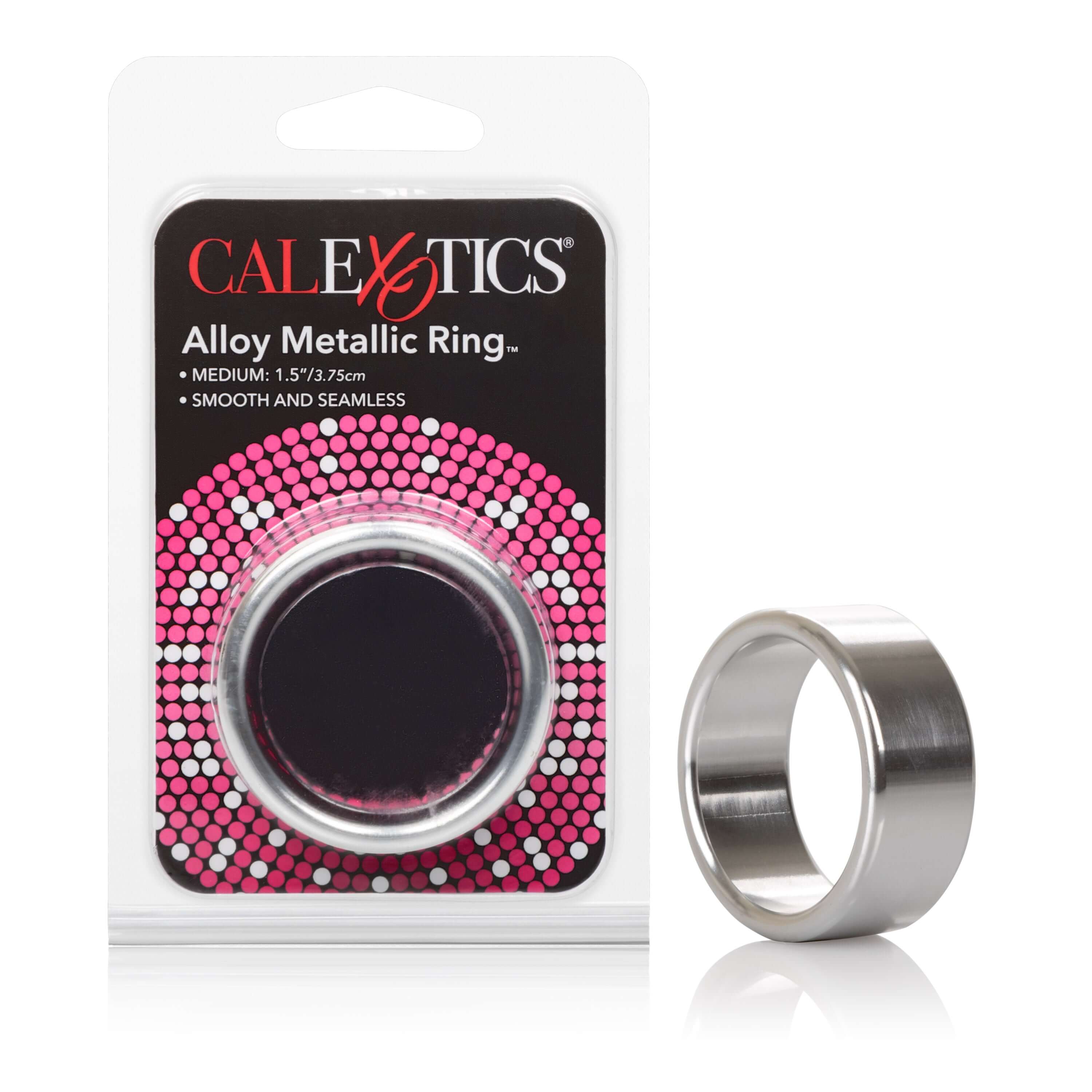 Alloy Metallic Ring Medium by California Exotic in packaging, featuring a sleek metallic design for enhanced pleasure.