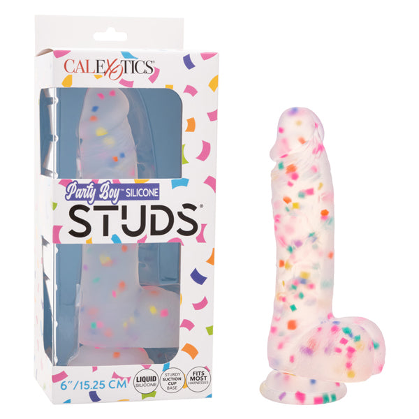 Party Boy Silicone Studs Dong with Suction Cup 6 inch in colorful packaging and realistic design.