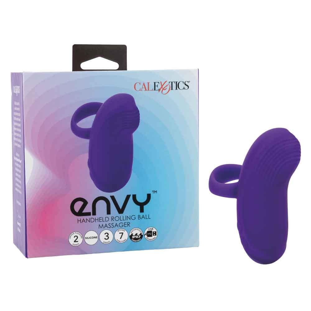 Envy Handheld Rolling Ball Massager - Purple with packaging, luxury pleasure, secure grip, rippled texture for enhanced stimulation