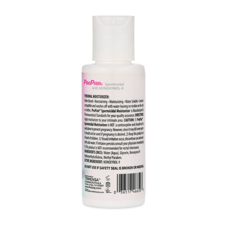Prepair Spermicidal Lubricant 2.4 Oz bottle with product information and ingredients.