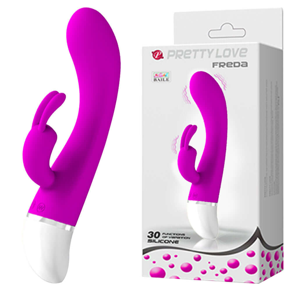 Pretty Love Rabbit Vibrator Freda in vibrant pink silicone with sleek design and ergonomic features.