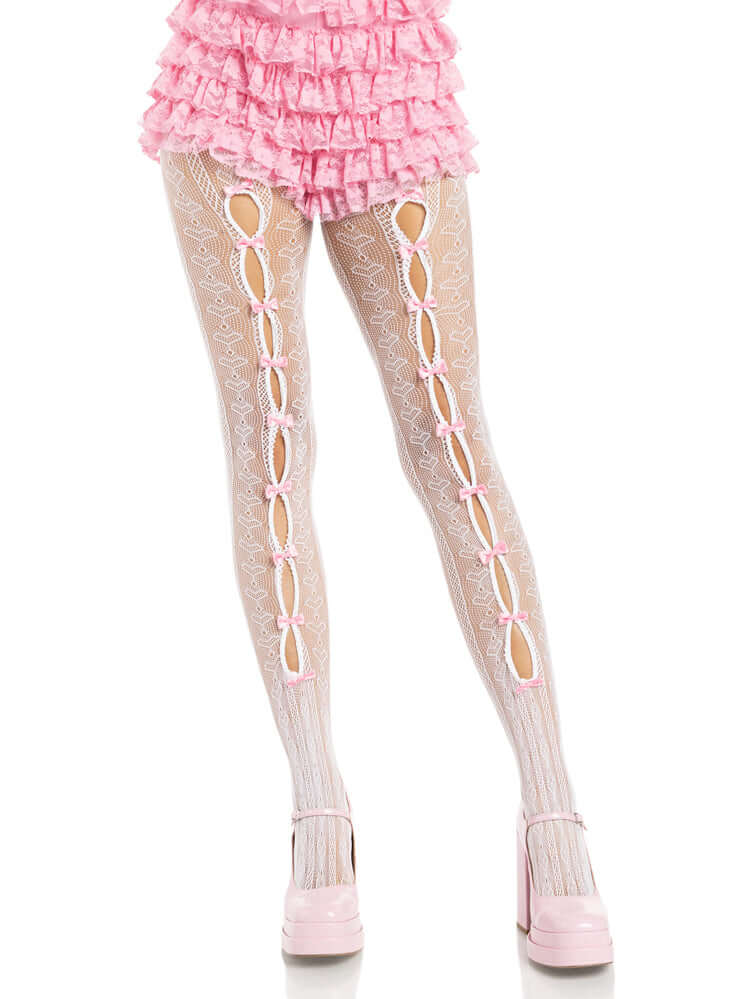 Leg Avenue Sweetheart Striped Tights OS White Pink worn with a frilly pink outfit, showcasing playful striped design and details.