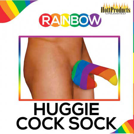 Rainbow Pecker Huggie Sock shown on model, featuring vibrant rainbow colors for a playful and bold accessory.