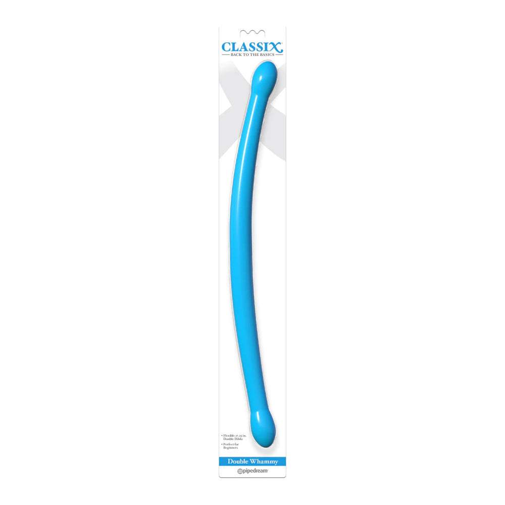Classix Double Whammy Dildo Blue on packaging, showcasing its long, flexible, dual-ended design for versatile pleasure.