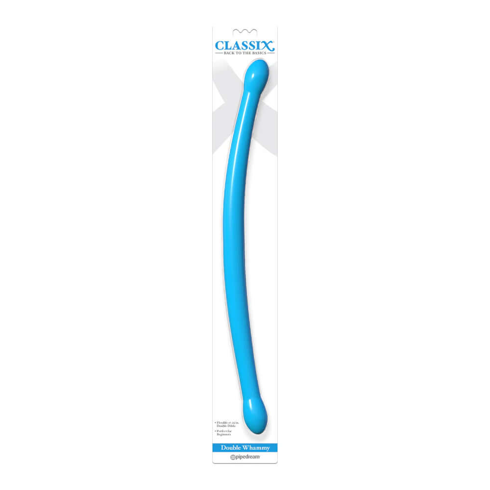Classix Double Whammy Dildo Blue on packaging, showcasing its long, flexible, dual-ended design for versatile pleasure.