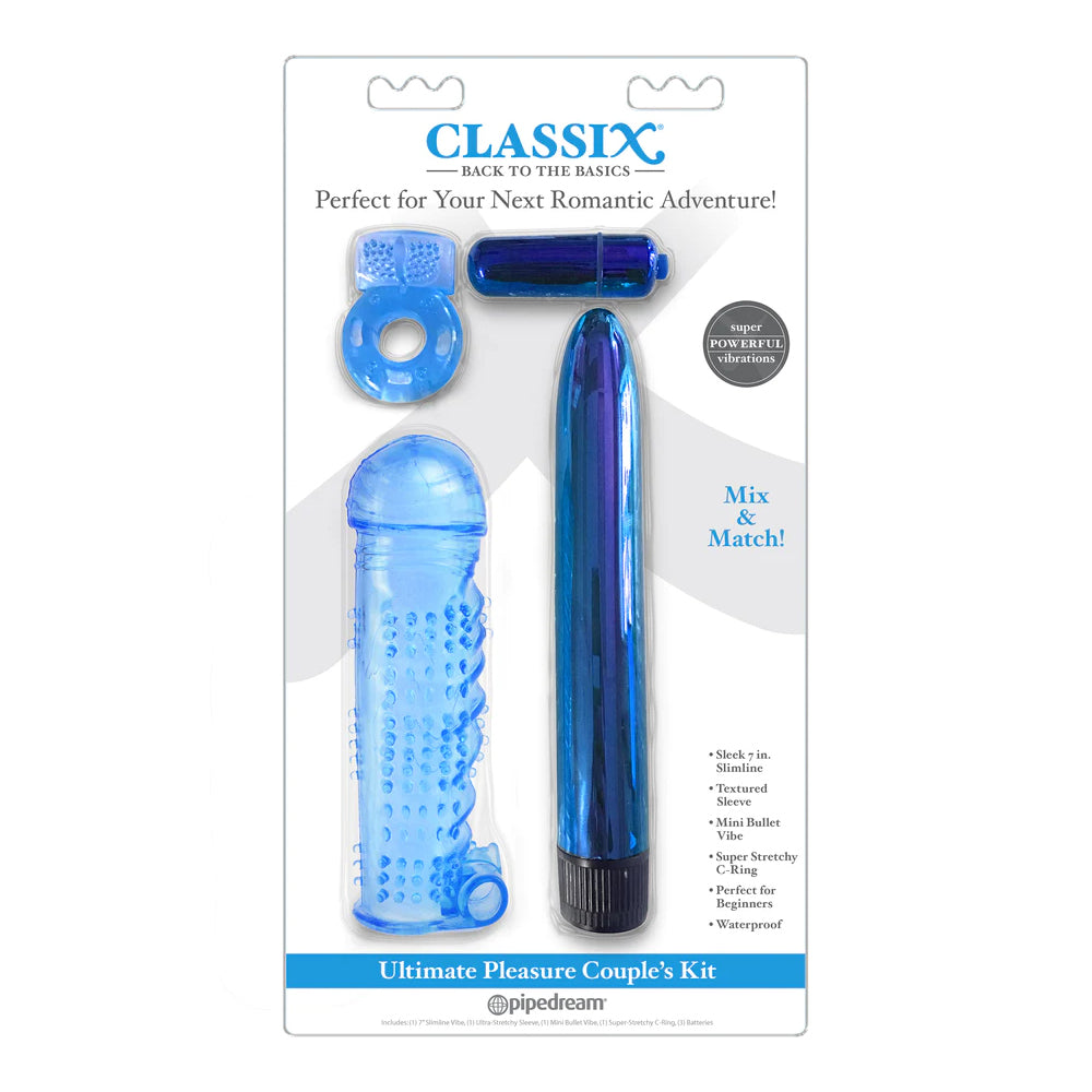Classix Ultimate Pleasure Couples Kit Blue with various stimulating accessories for intimate experiences.