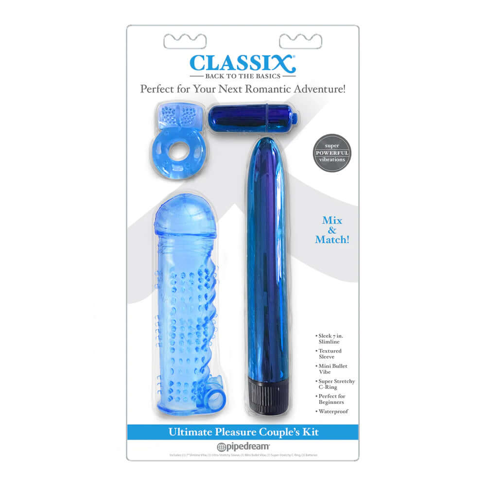 Classix Ultimate Pleasure Couples Kit Blue with various stimulating accessories for intimate experiences.