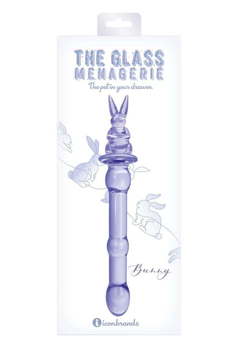Glass Menagerie Rabbit Dildo Purple in packaging, showcasing its unique design and handcrafted elegance.