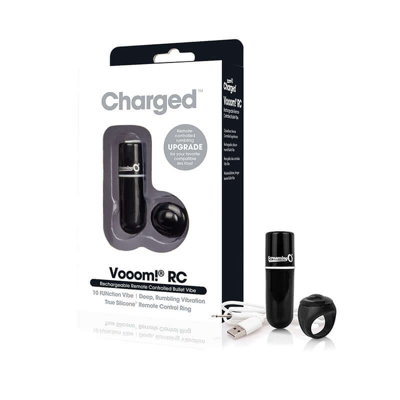 Screaming O Charged Vooom Remote Control Bullet Black packaging with massager and remote control ring.