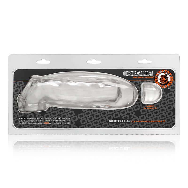 Oxballs Miguel Cock Sheath Penis Sleeve Clear in packaging, showcasing its design and material.
