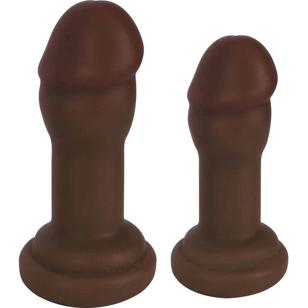 Curve Novelties Jock Anal Plug Duo Chocolate featuring two realistic cockhead-shaped plugs in chocolate color.