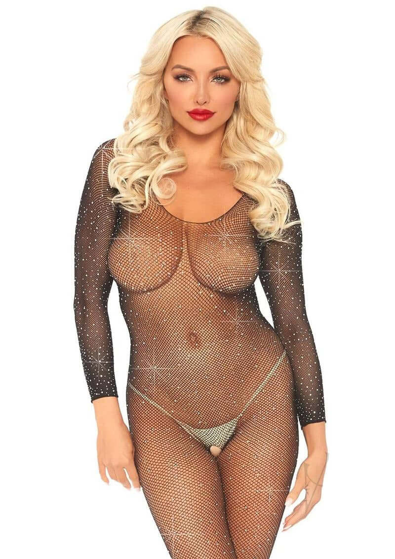 Leg Avenue Seamless Fishnet Long Sleeved Bodysuit OS Black on model showcasing elegant design and shimmering crystal accents.