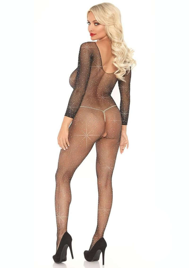 Leg Avenue Seamless Fishnet Long Sleeved Bodysuit OS Black displayed on a model, highlighting its elegant design and shimmer.