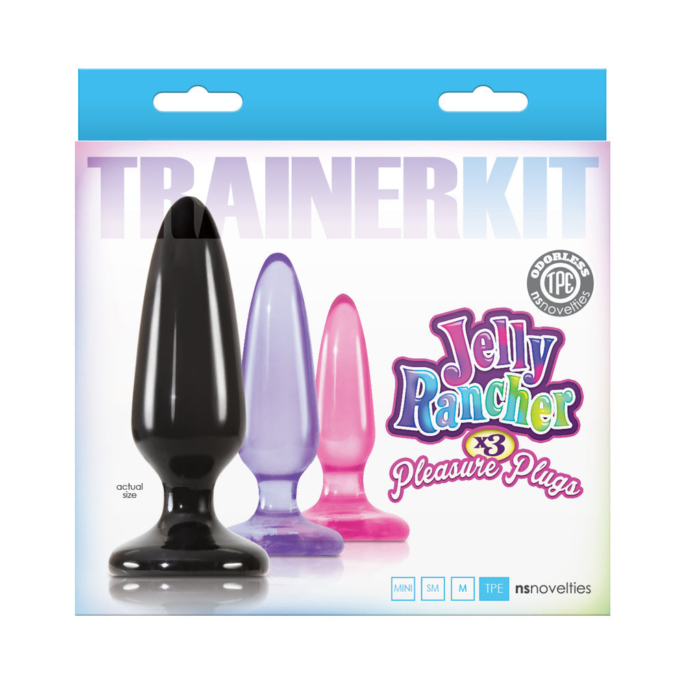 Jelly Rancher Pleasure Plugs Trainer Kit Assorted featuring three graduated plugs for anal play.