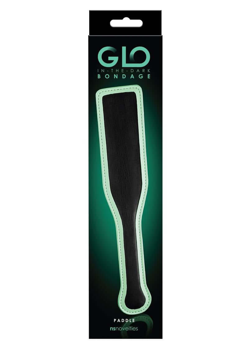 GLO Bondage Glow In The Dark Paddle Green packaging showcasing its unique design for impact play.