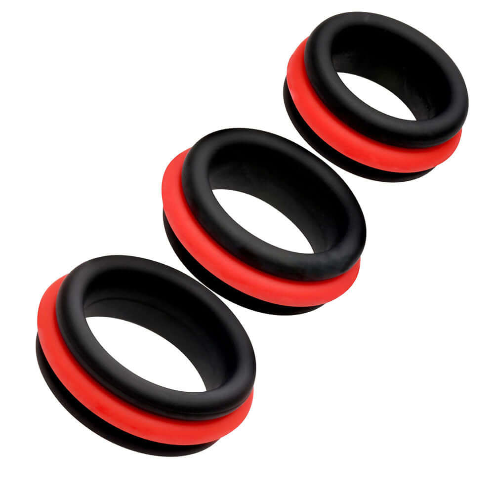 Jock Enhancers 2-in-1 Silicone Cock Ring Set Of 3 with removable center rings in black and red design.