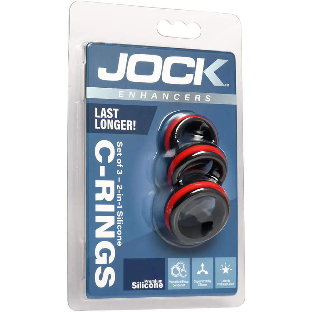 Jock Enhancers 2-in-1 Silicone Cock Ring Set Of 3 packaging featuring three silicone cock rings.
