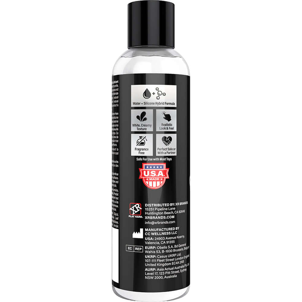 Jock Creamy Cum Lubricant 8 Oz on black bottle showcasing water-silicone hybrid formula and usage instructions.