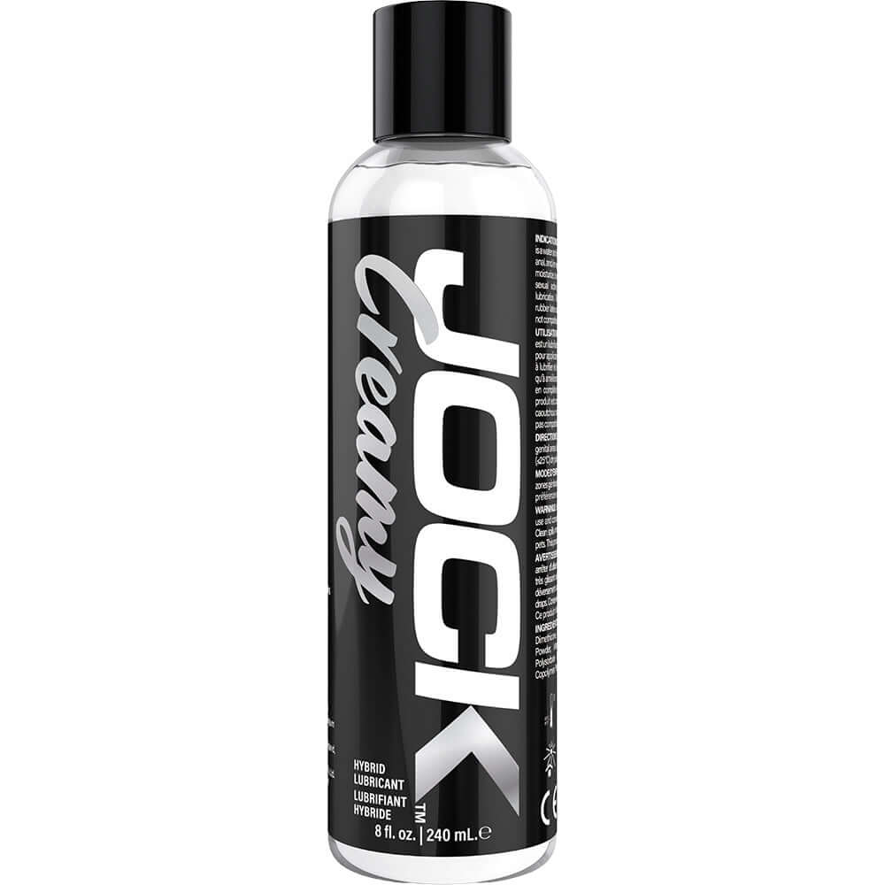 Jock Creamy Cum Lubricant 8 Oz bottle featuring hybrid lubricant formula and premium design.