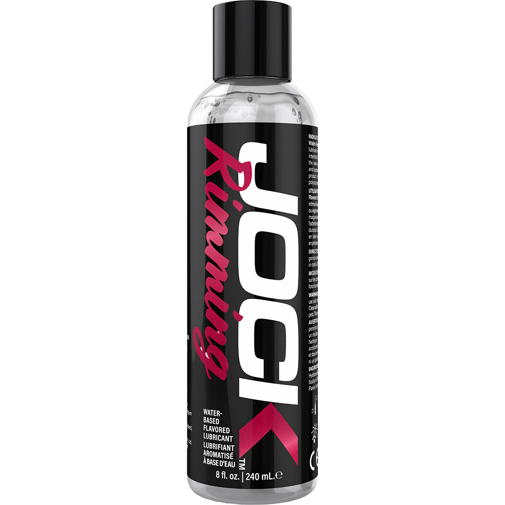 Jock Rimming Lubricant Cherry 8 Oz bottle featuring a water-based, flavored formula for intimate use.