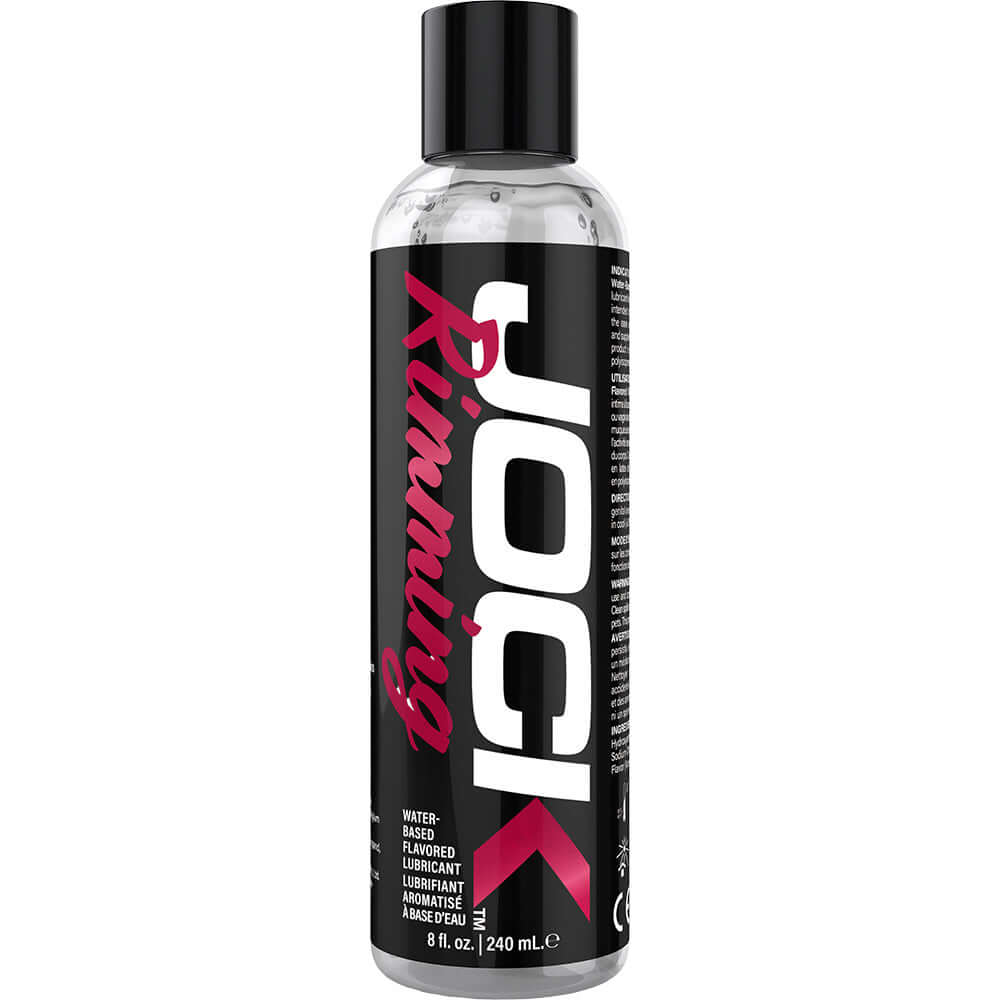 Jock Rimming Lubricant Cherry 8 Oz bottle featuring a water-based, flavored formula for intimate use.