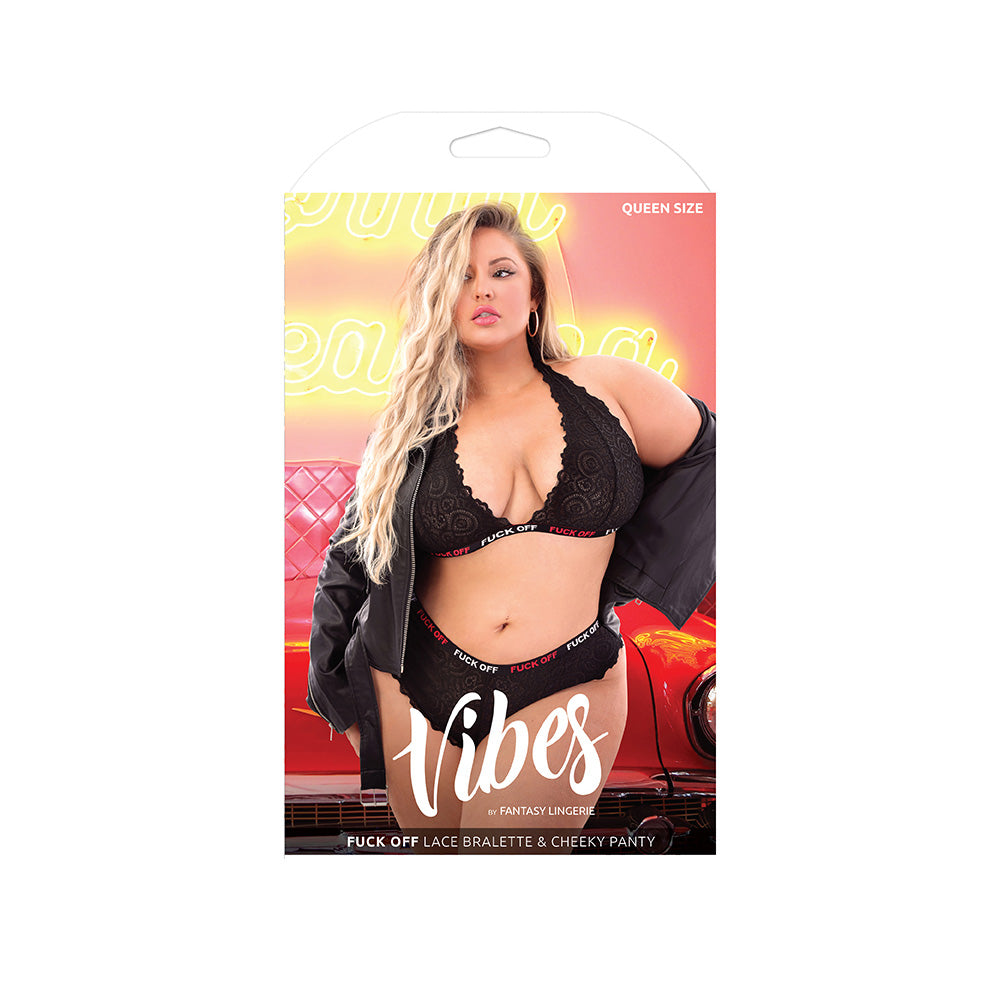 Fuck Off Lace Bralette & Cheeky Panty Queen Size Black model showcasing bold black lace lingerie with a confident attitude.
