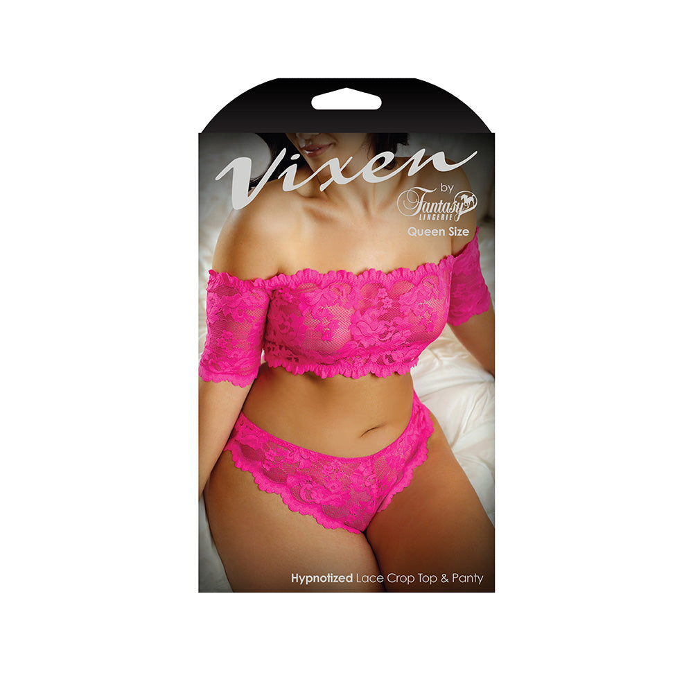 Hypnotized Lace Crop Top & Panty Queen Size in vibrant pink lace on model packaging.