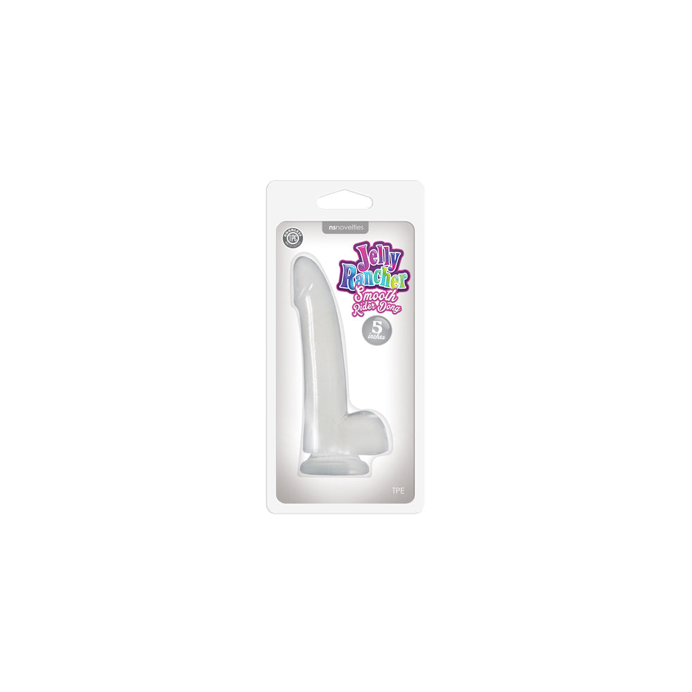 Jelly Rancher 5 Inch Smooth Rider Dong Clear packaged, showcasing its crystal-clear finish and sleek design.